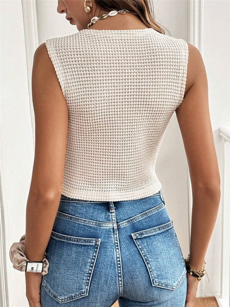 Waffle Knit Buttoned Split Hem Tank Top - beige - 2
