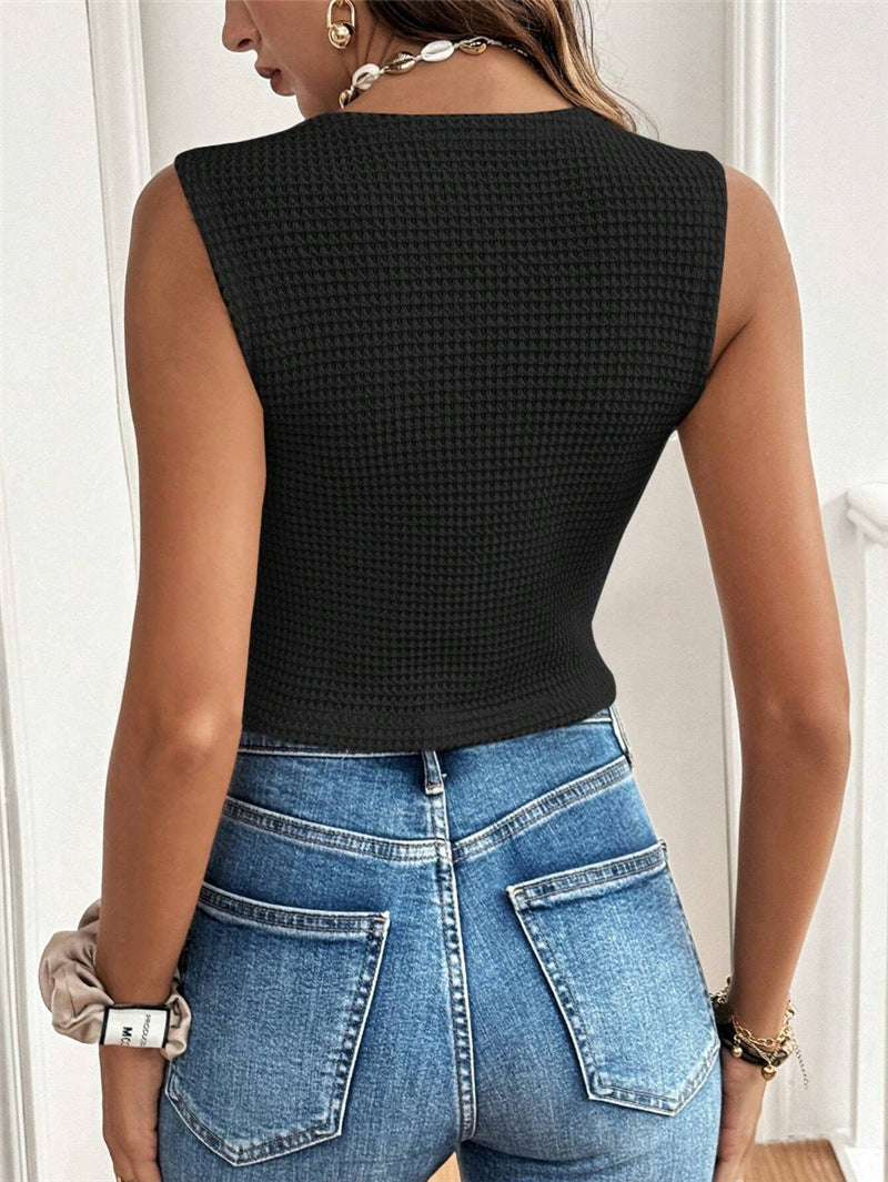 Waffle Knit Buttoned Split Hem Tank Top - black - 2