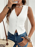 Waffle Knit Buttoned Split Hem Tank Top - white