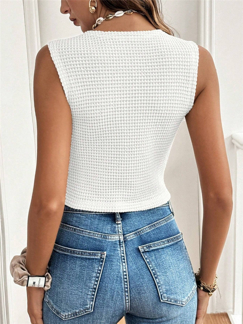 Waffle Knit Buttoned Split Hem Tank Top - white - 2
