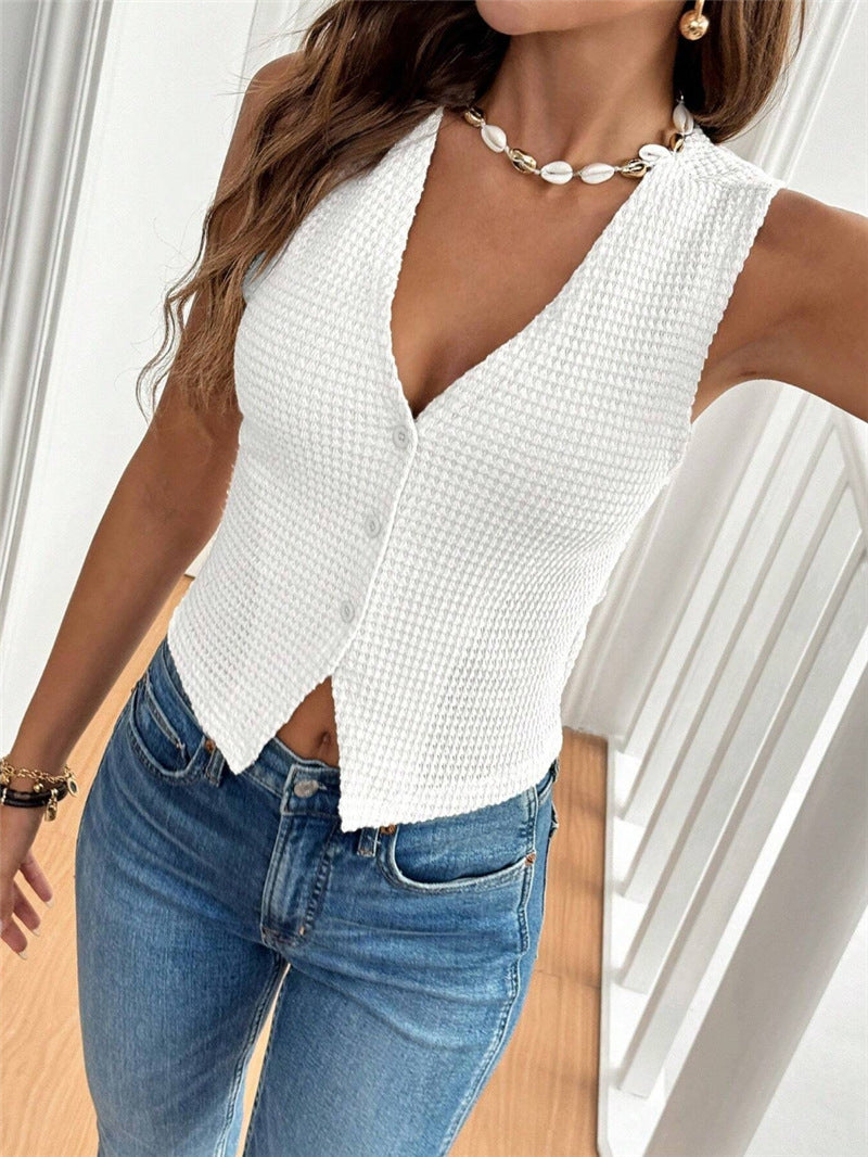 Waffle Knit Buttoned Split Hem Tank Top - white - 5