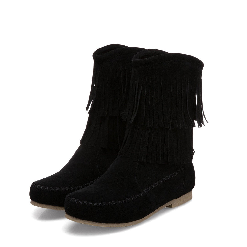 Layered Fringe Faux Suede Moccasin Boots - Black