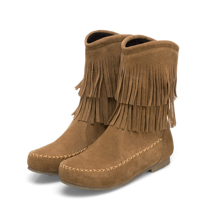 Layered Fringe Faux Suede Moccasin Boots - Tan