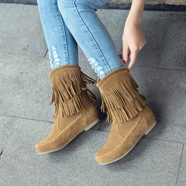 Layered Fringe Faux Suede Moccasin Boots