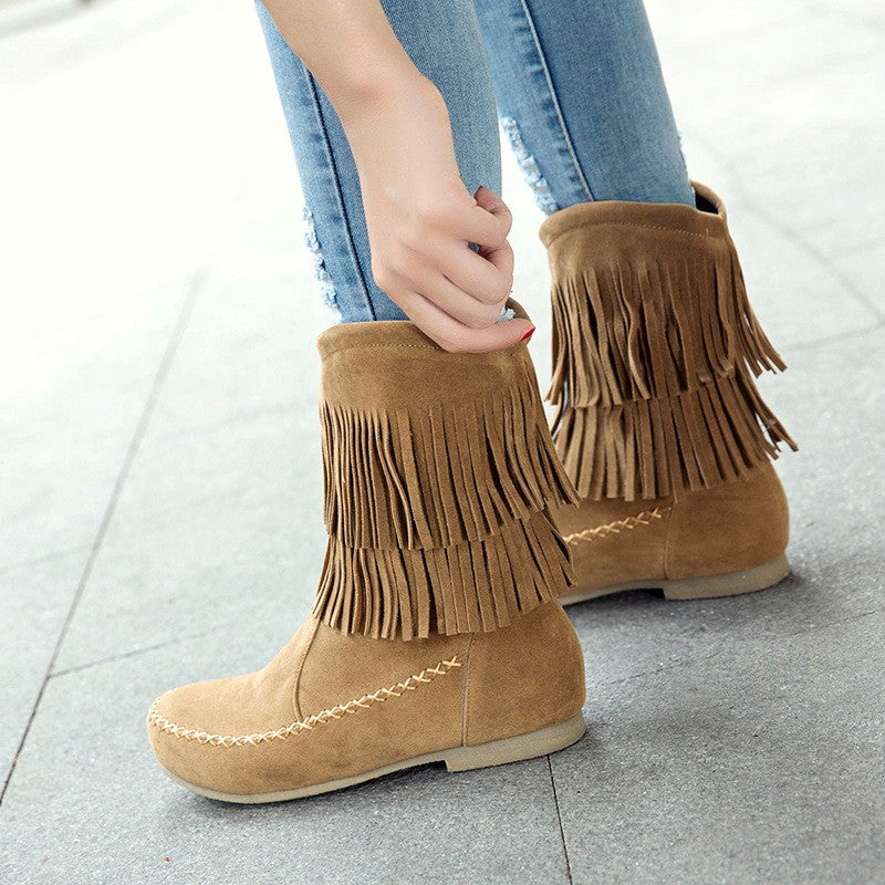 Layered Fringe Faux Suede Moccasin Boots