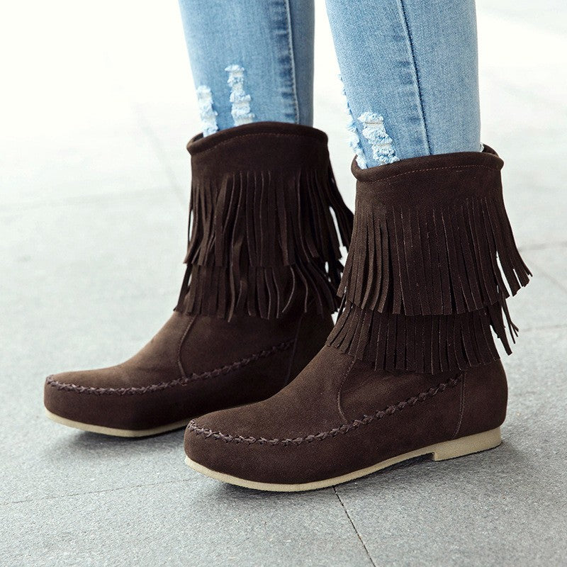 Layered Fringe Faux Suede Moccasin Boots