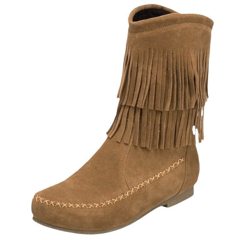 Layered Fringe Faux Suede Moccasin Boots