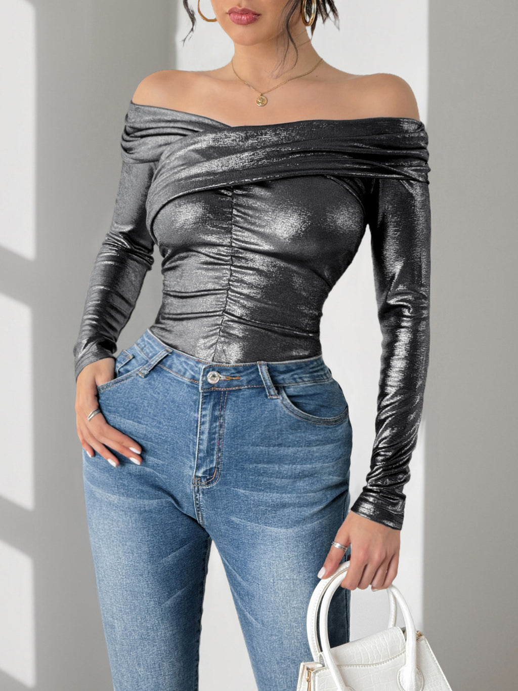 Metallic Foil Off Shoulder Ruched Bodysuit - Black