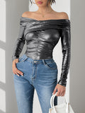 Metallic Foil Off Shoulder Ruched Bodysuit - Black