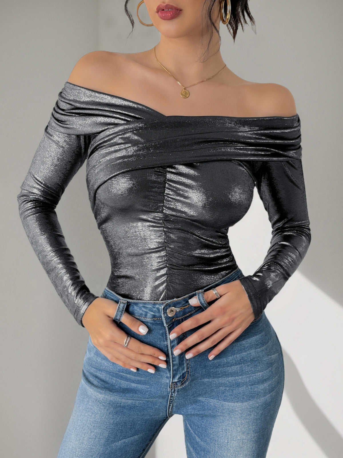 Metallic Foil Off Shoulder Ruched Bodysuit - Black - 1