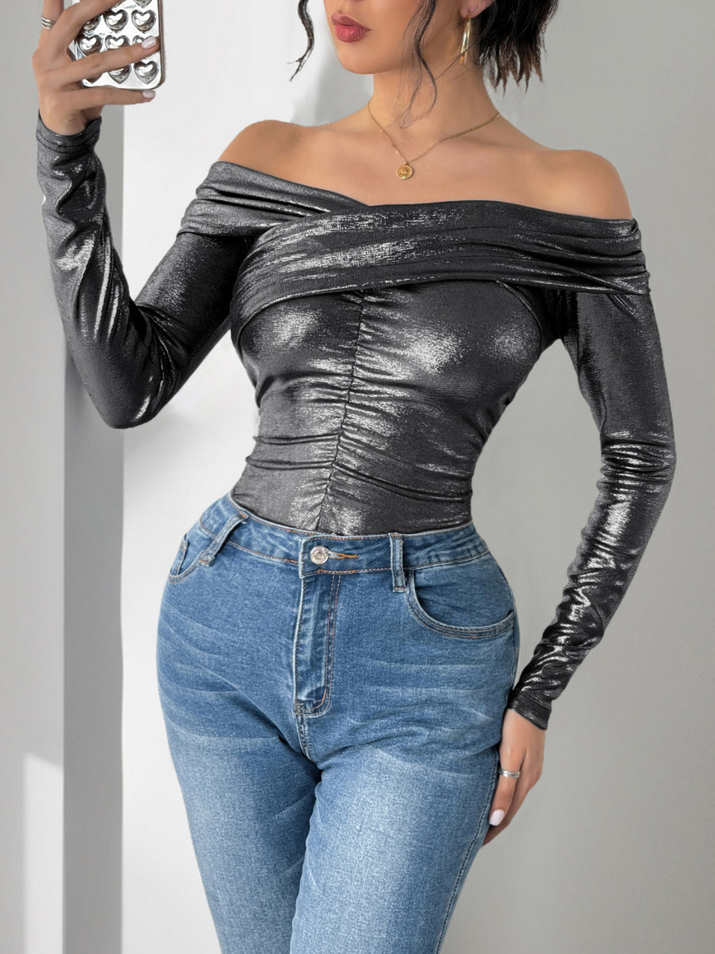 Metallic Foil Off Shoulder Ruched Bodysuit - Black - 3