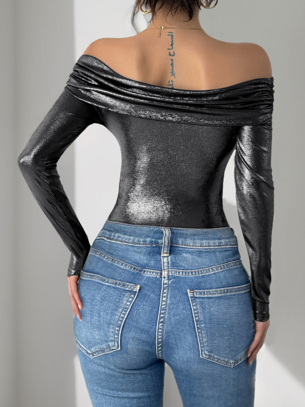Metallic Foil Off Shoulder Ruched Bodysuit - Black - 4