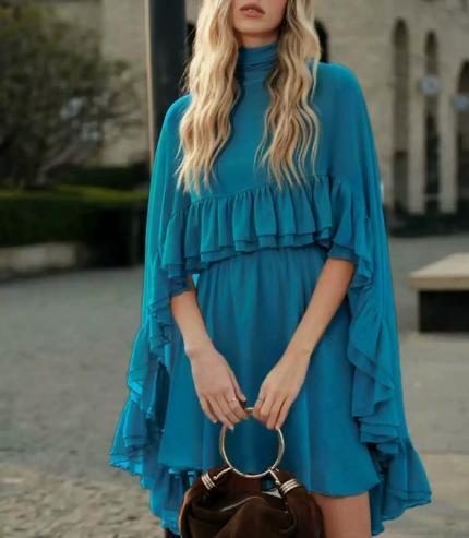Ruffled Chiffon Mini Dress with Flare Sleeves - Blue