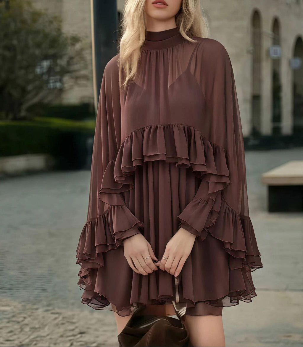 Ruffled Chiffon Mini Dress with Flare Sleeves - Brown