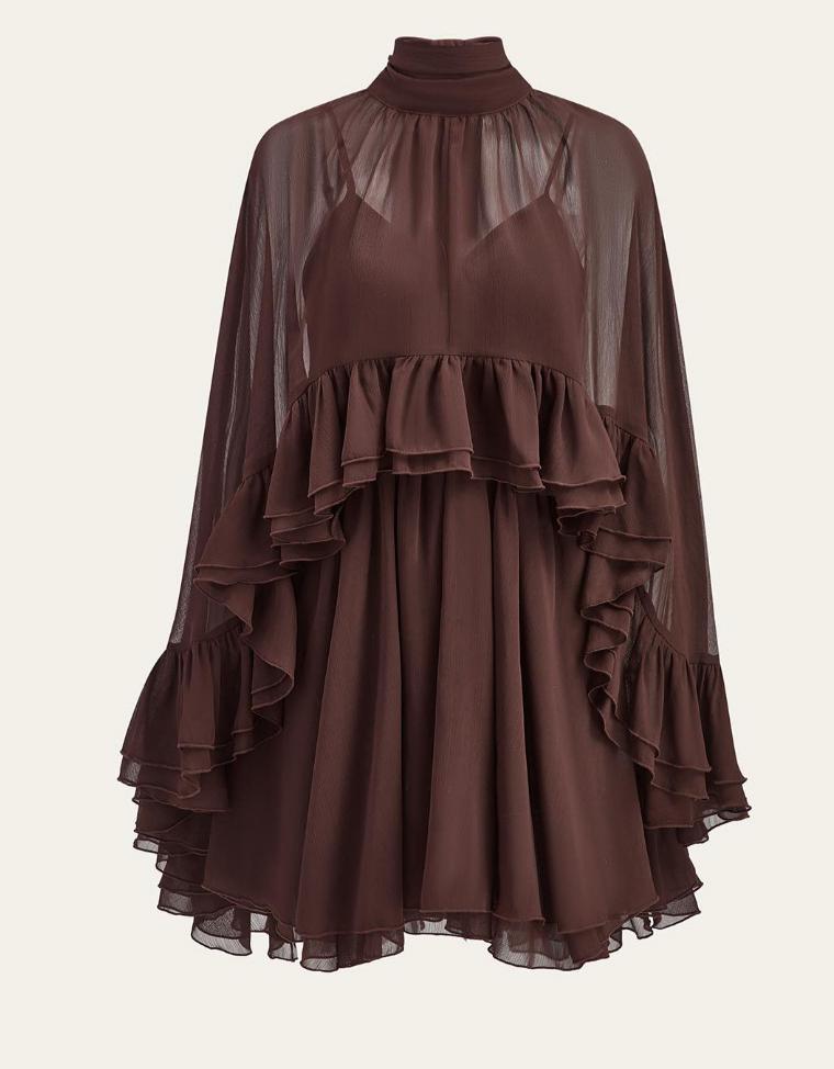Ruffled Chiffon Mini Dress with Flare Sleeves - Brown - 1