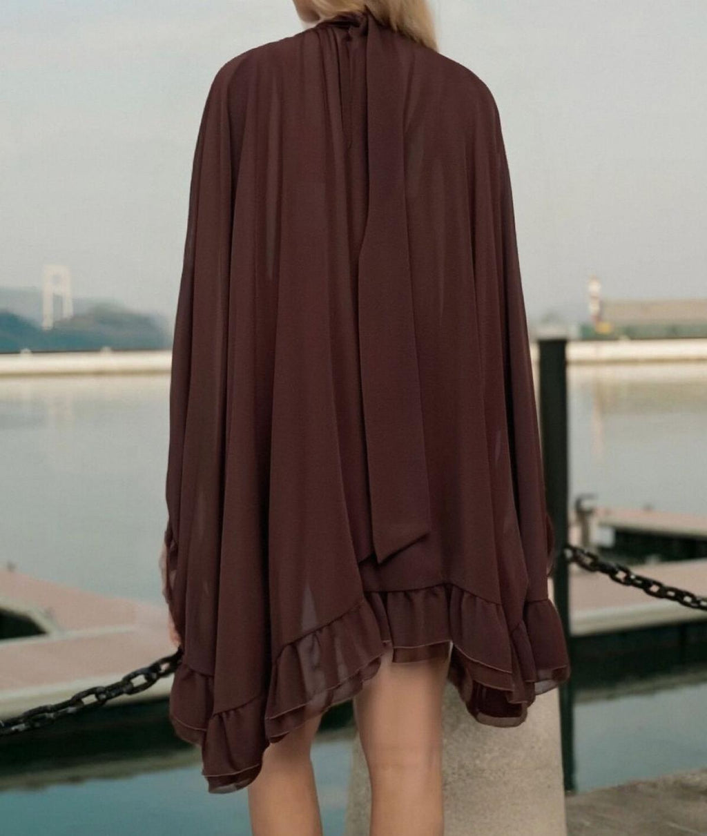 Ruffled Chiffon Mini Dress with Flare Sleeves - Brown - 2
