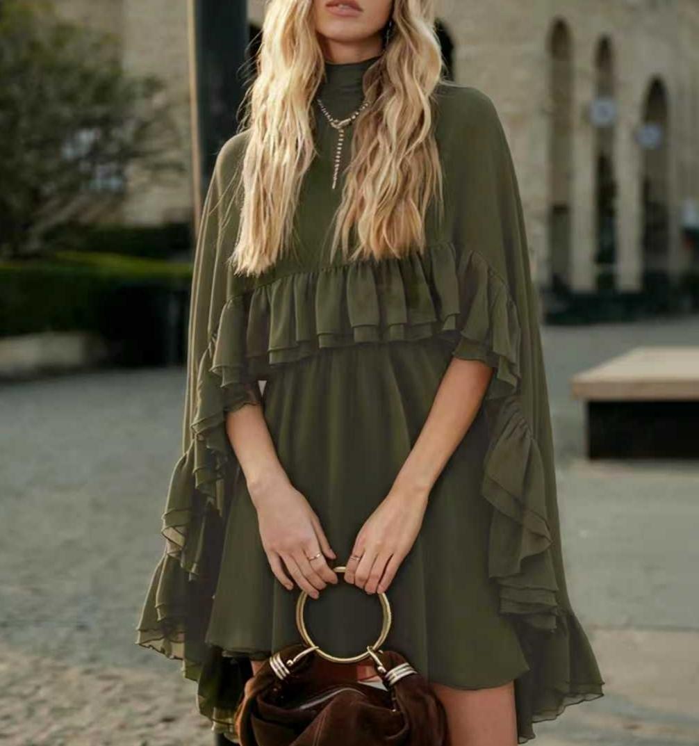Ruffled Chiffon Mini Dress with Flare Sleeves - Green