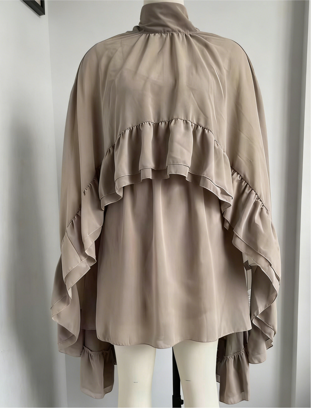 Ruffled Chiffon Mini Dress with Flare Sleeves - Khaki