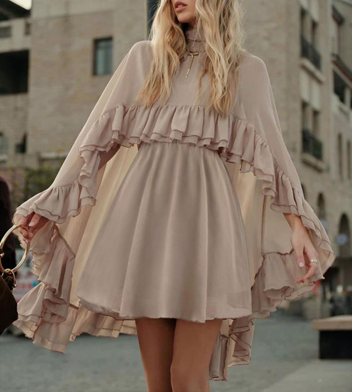 Ruffled Chiffon Mini Dress with Flare Sleeves - Khaki - 1