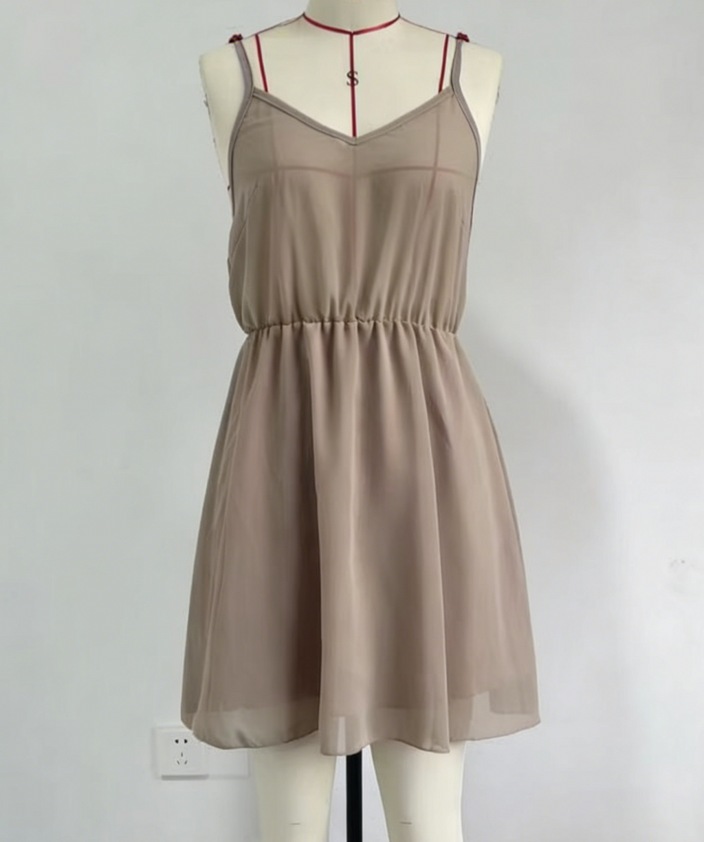 Ruffled Chiffon Mini Dress with Flare Sleeves - Khaki - 2