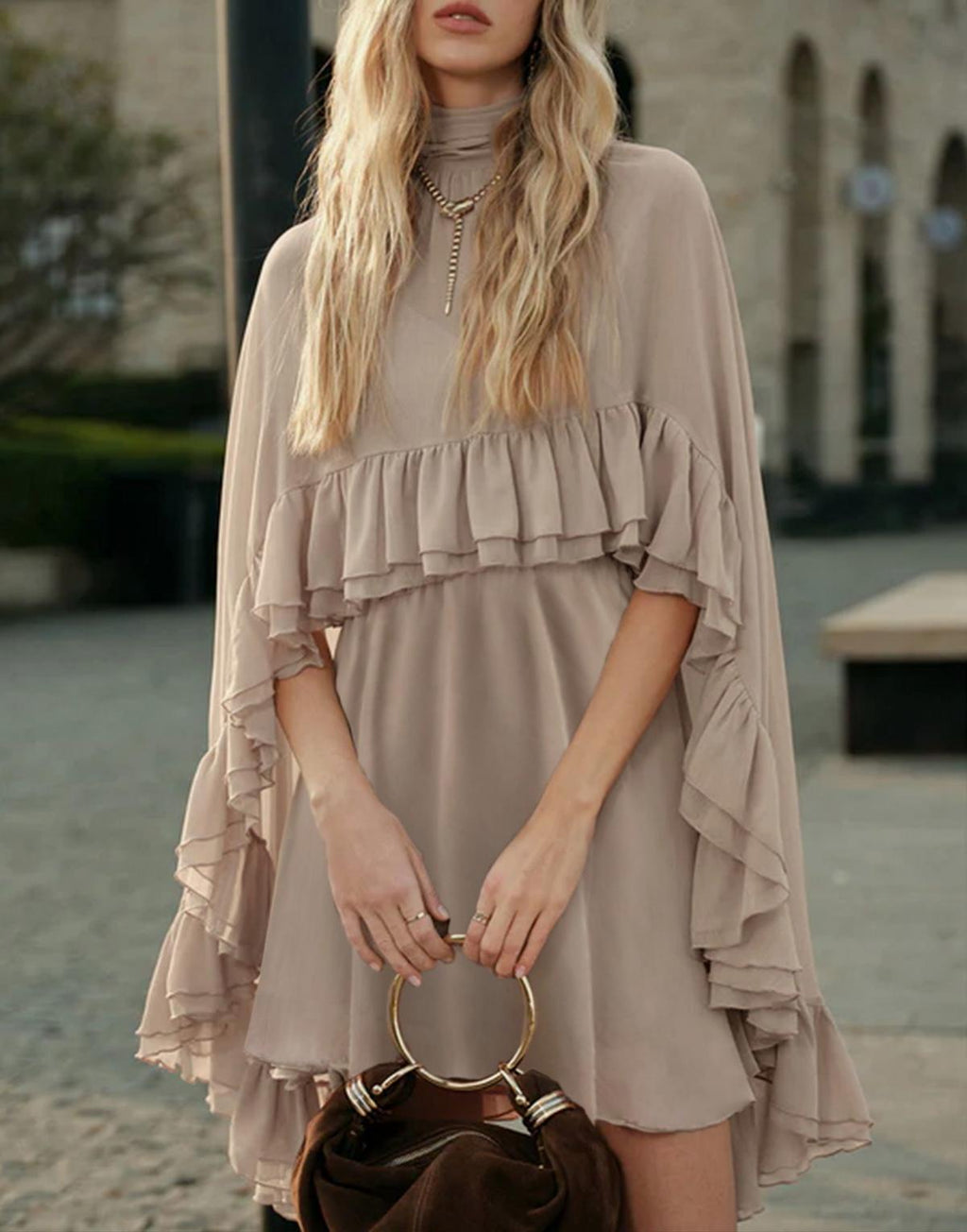 Ruffled Chiffon Mini Dress with Flare Sleeves - Khaki - 3
