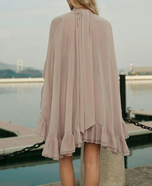 Ruffled Chiffon Mini Dress with Flare Sleeves - Khaki - 4