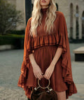Ruffled Chiffon Mini Dress with Flare Sleeves - Orange