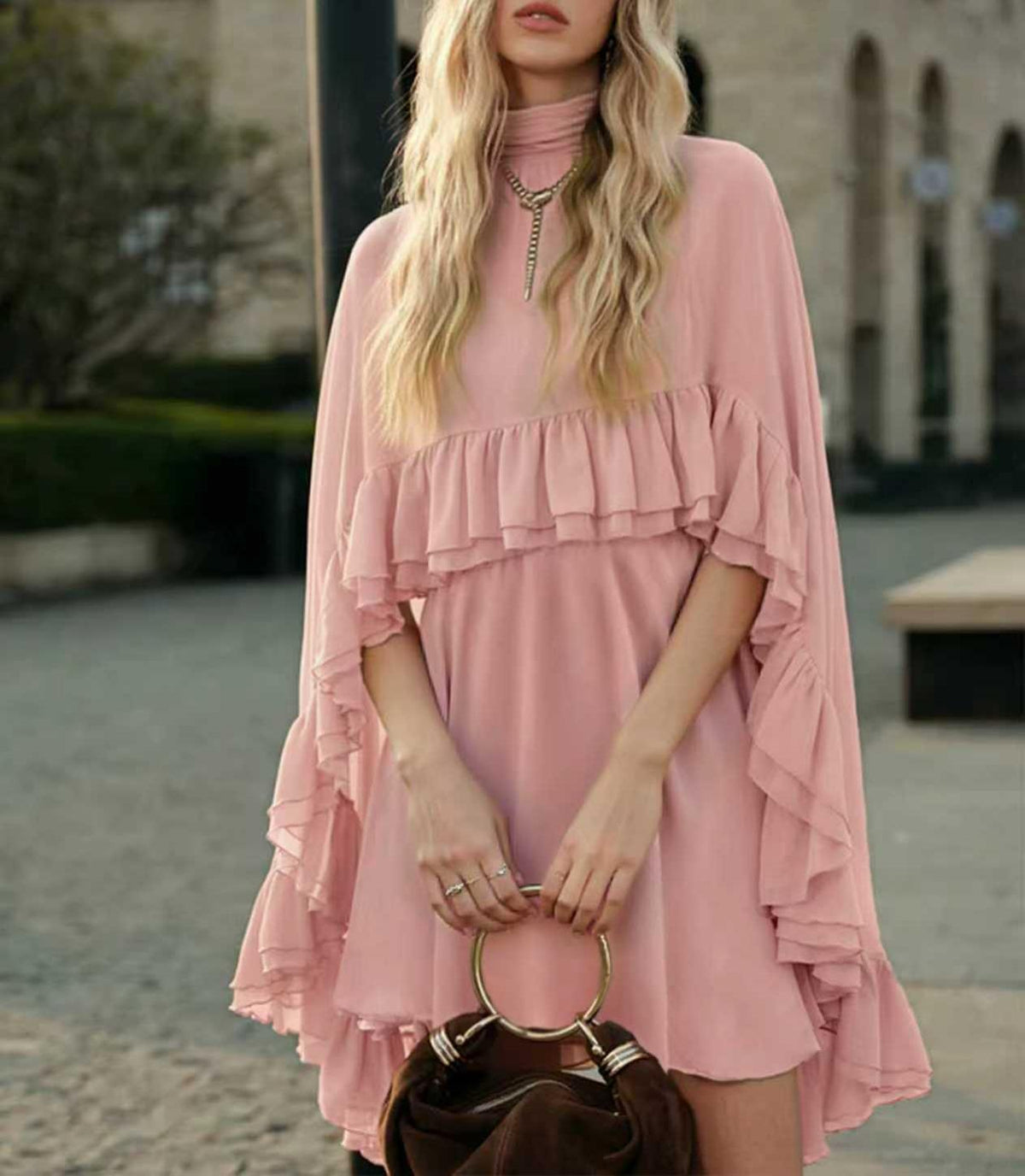 Ruffled Chiffon Mini Dress with Flare Sleeves - Pink