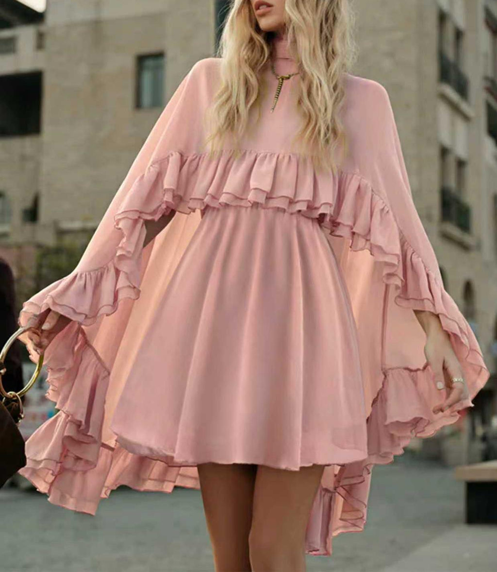 Ruffled Chiffon Mini Dress with Flare Sleeves - Pink - 1