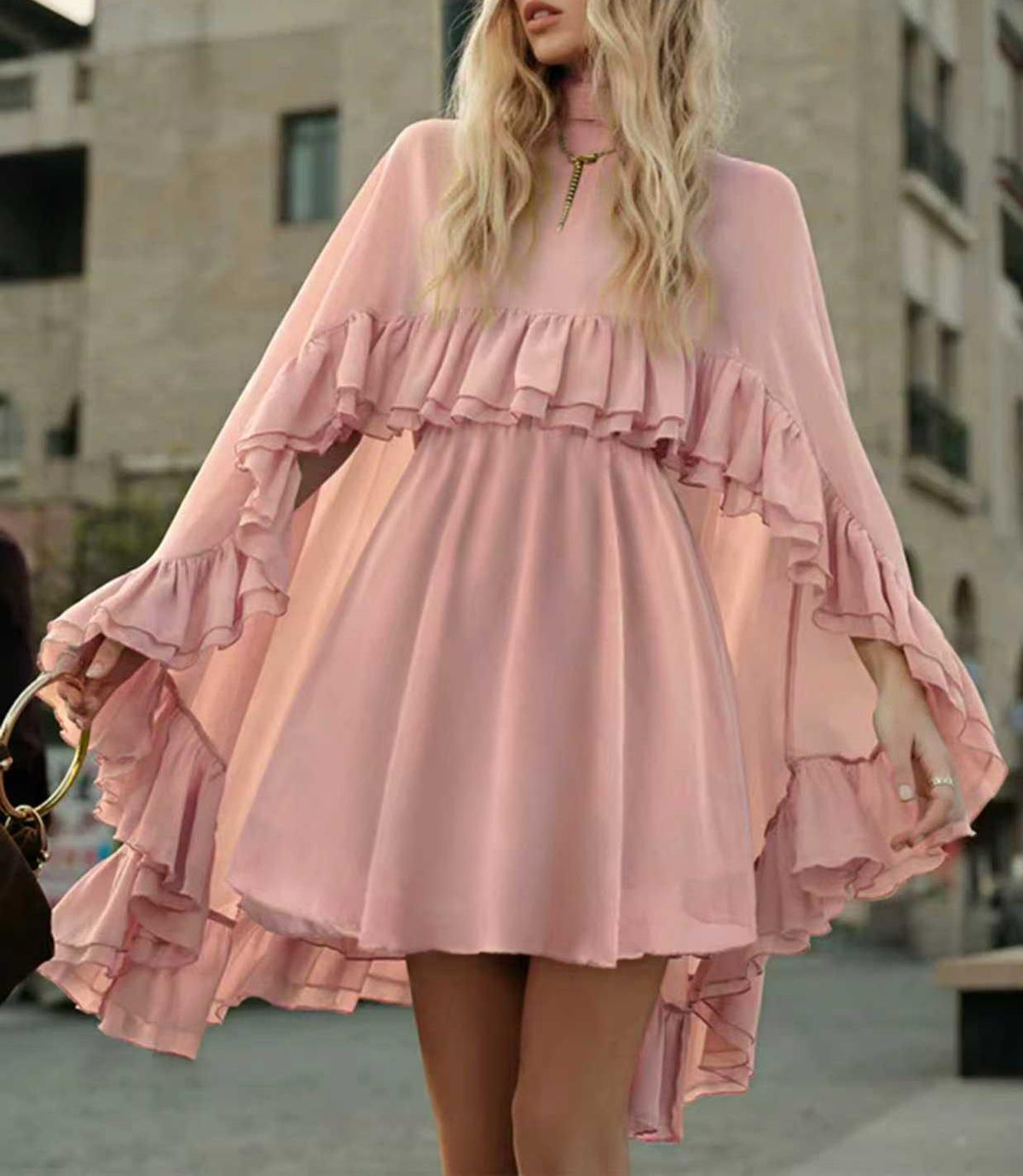 Ruffled Chiffon Mini Dress with Flare Sleeves - Pink - 1