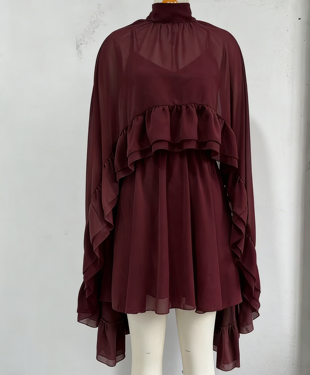 Ruffled Chiffon Mini Dress with Flare Sleeves - Wine_red