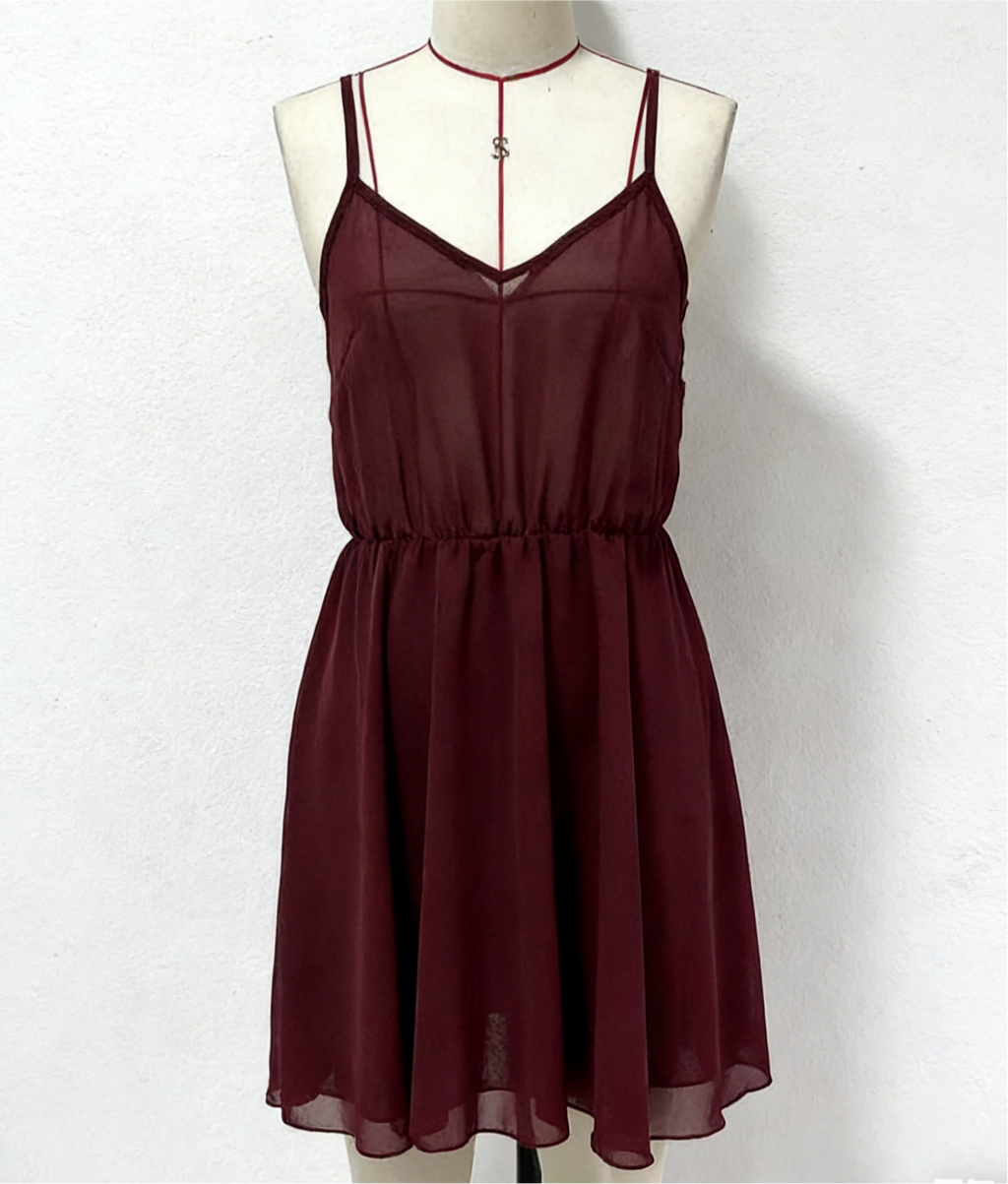 Ruffled Chiffon Mini Dress with Flare Sleeves - Wine_red - 1