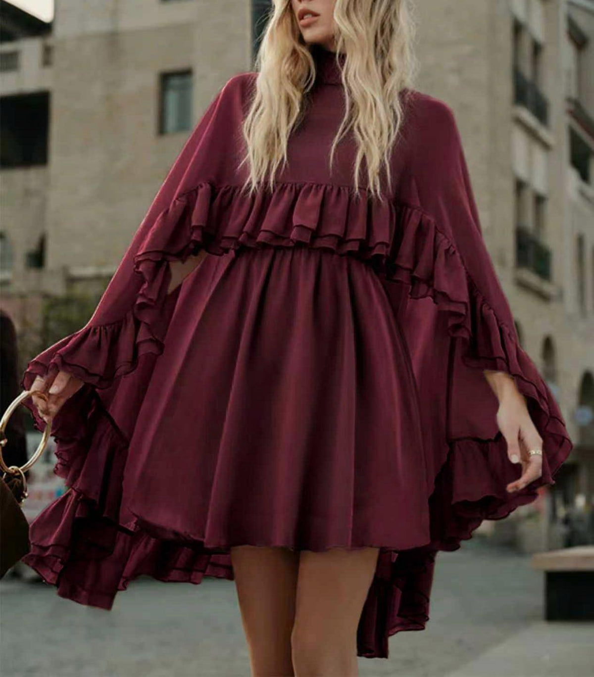Ruffled Chiffon Mini Dress with Flare Sleeves - Wine_red - 2
