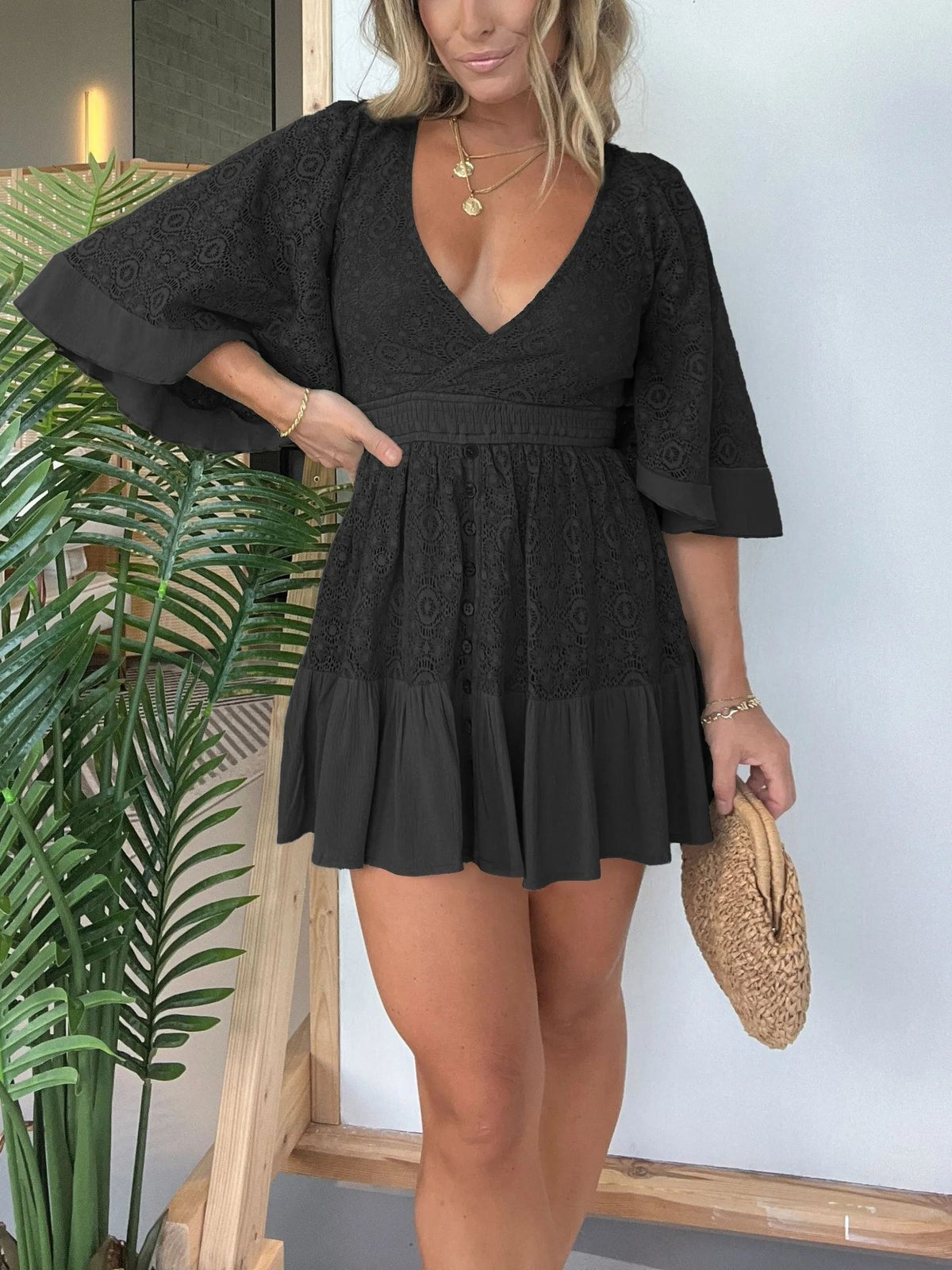 Crochet Lace Flutter Sleeve Mini Dress - Black