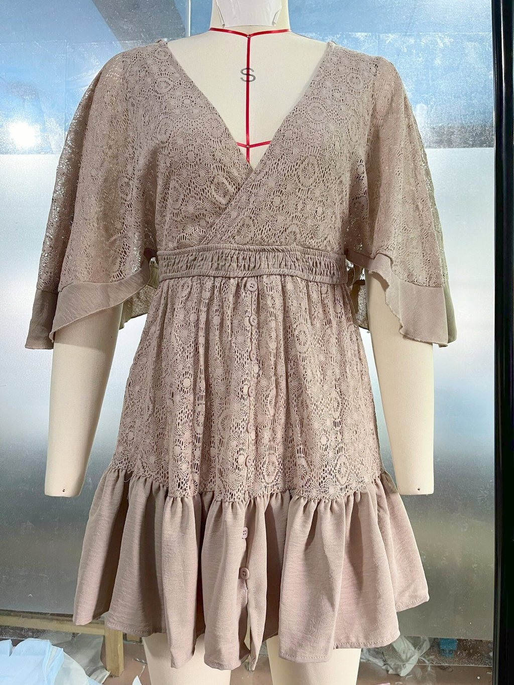 Crochet Lace Flutter Sleeve Mini Dress - Khaki - 1