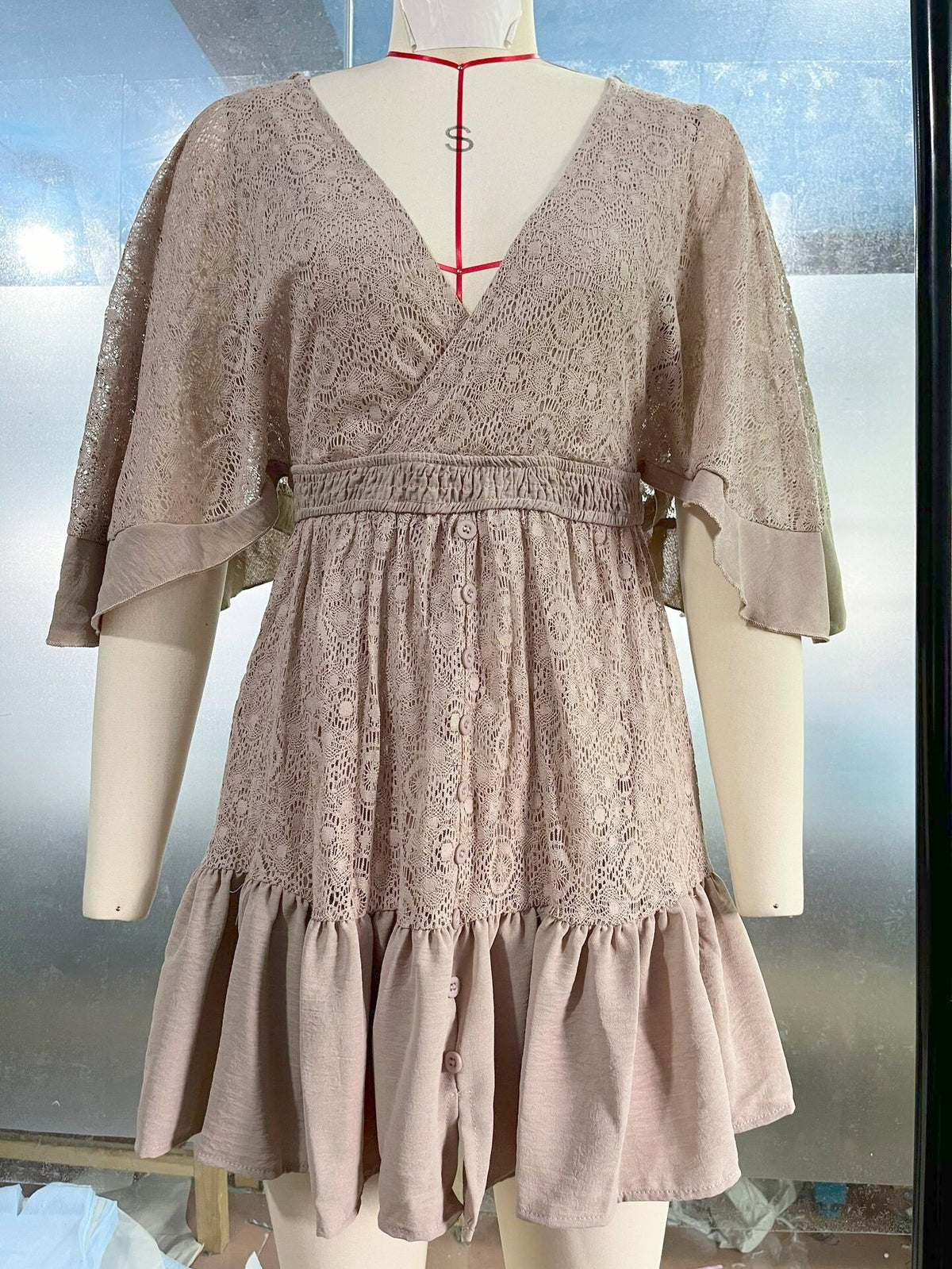 Crochet Lace Flutter Sleeve Mini Dress - Khaki - 1