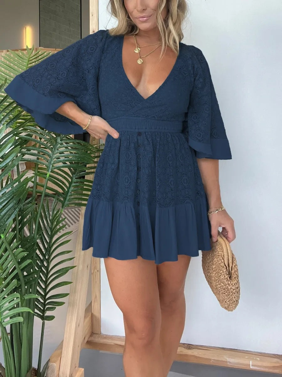 Crochet Lace Flutter Sleeve Mini Dress - Navy