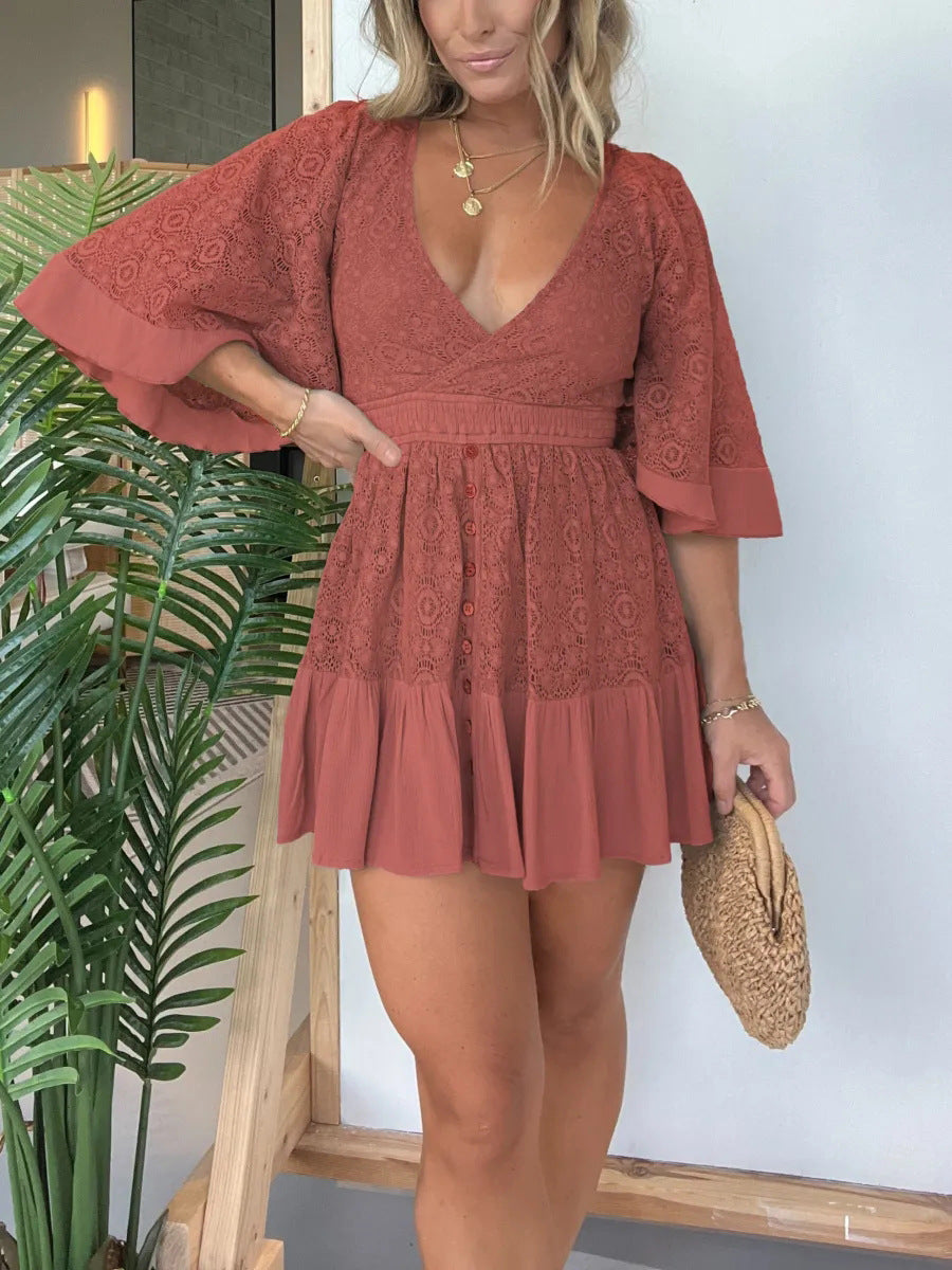 Crochet Lace Flutter Sleeve Mini Dress - Rust