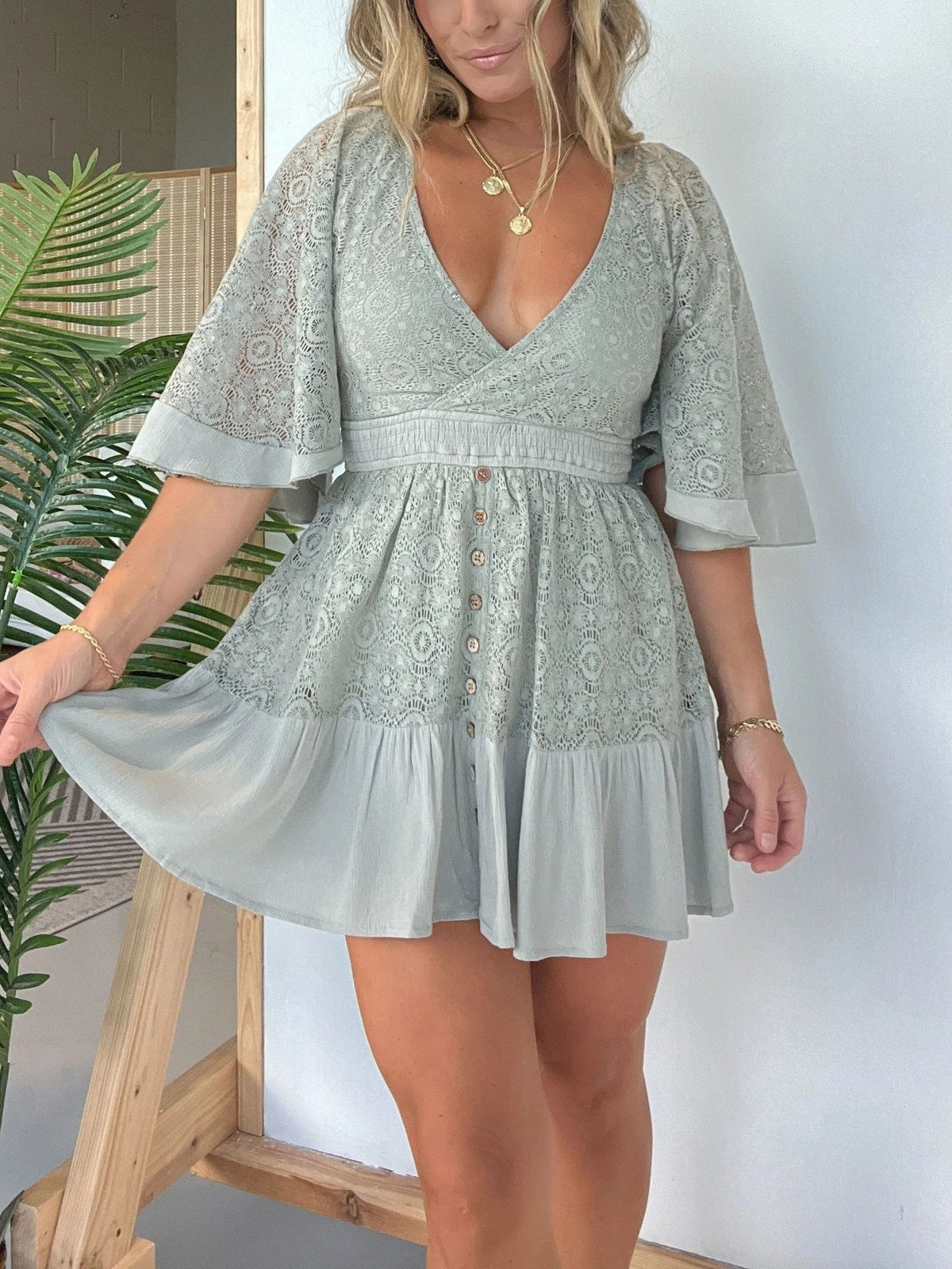 Crochet Lace Flutter Sleeve Mini Dress - sage