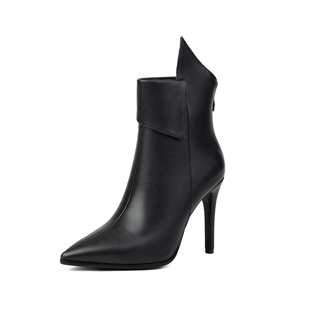 Pointed Toe Stiletto Ankle Boots with Fold Cuff - Black