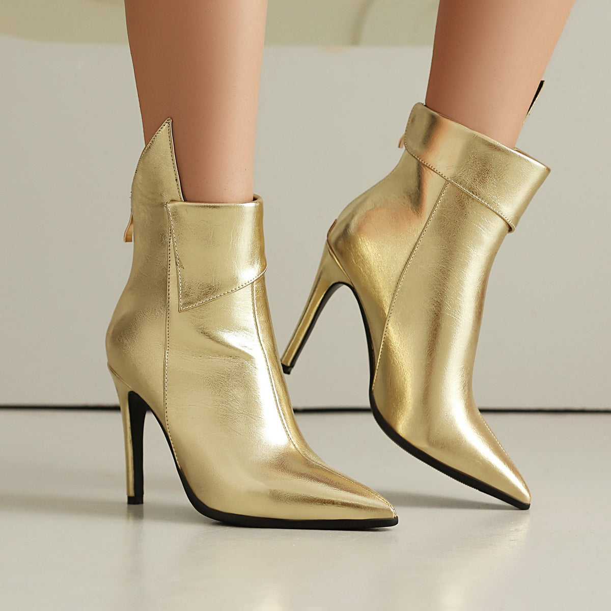 Pointed Toe Stiletto Ankle Boots with Fold Cuff