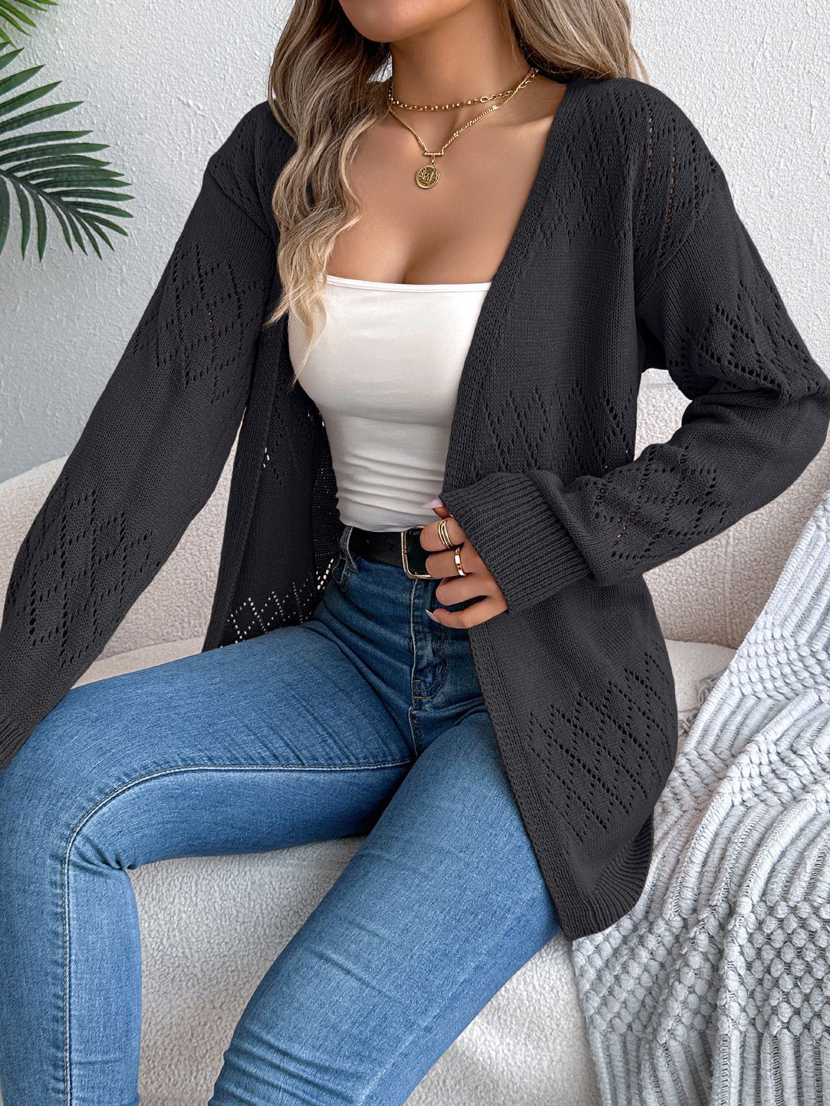 Pointelle Knit Open Front Longline Cardigan - Black