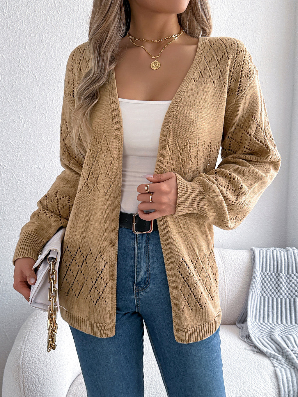 Pointelle Knit Open Front Longline Cardigan - Khaki
