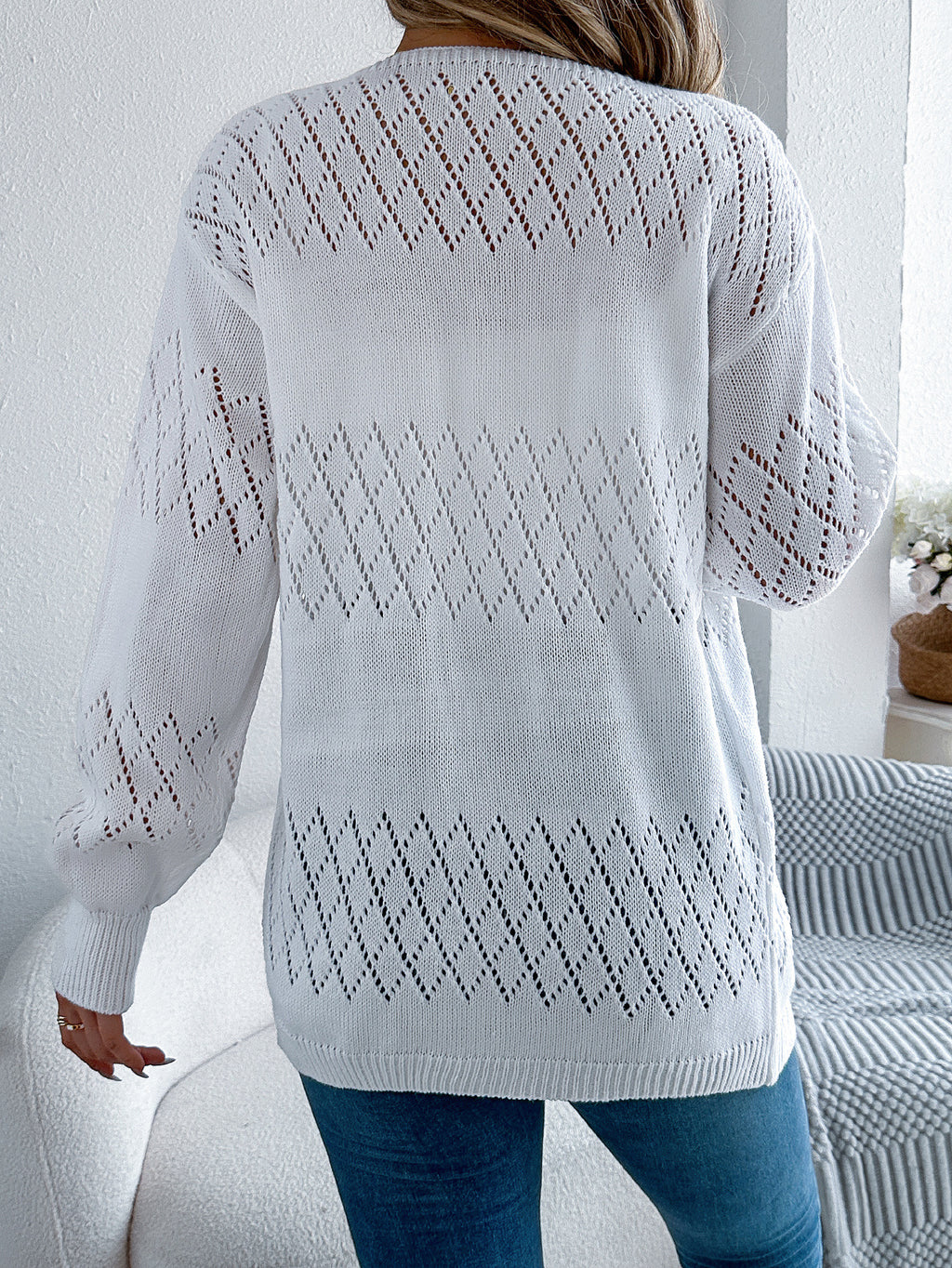 Pointelle Knit Open Front Longline Cardigan - White - 1