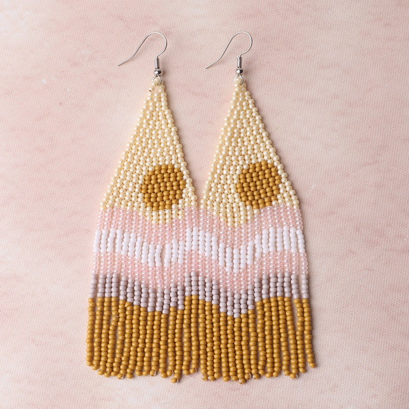 Beaded Landscape Fringe Statement Earrings - Beige