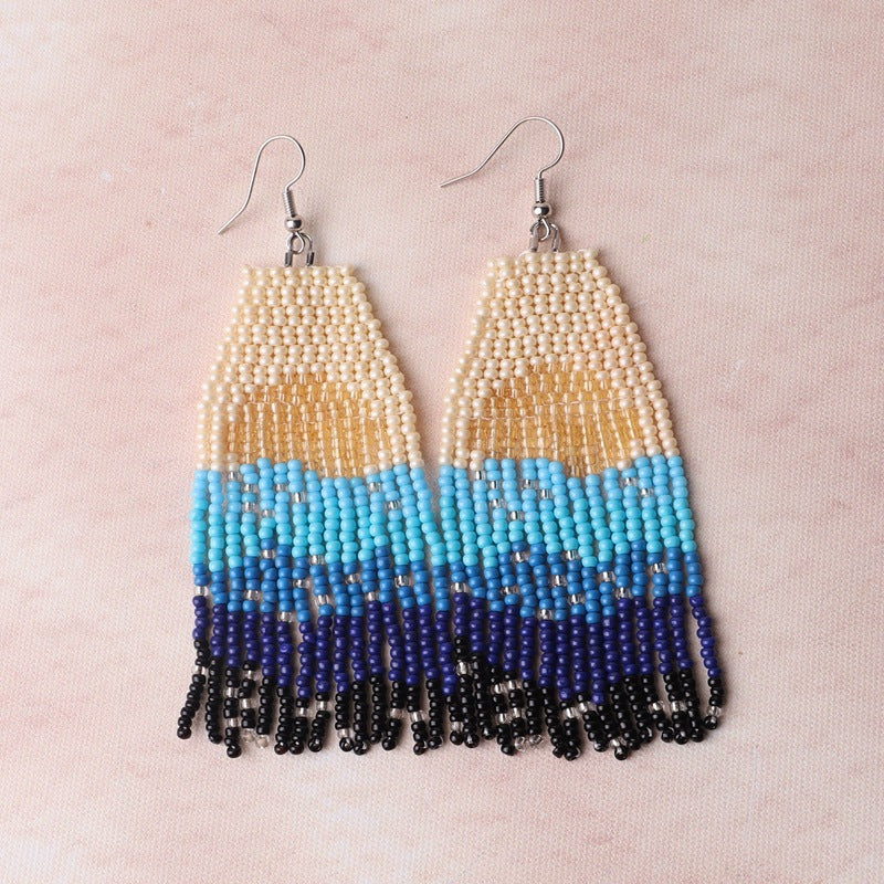 Beaded Landscape Fringe Statement Earrings - Blue