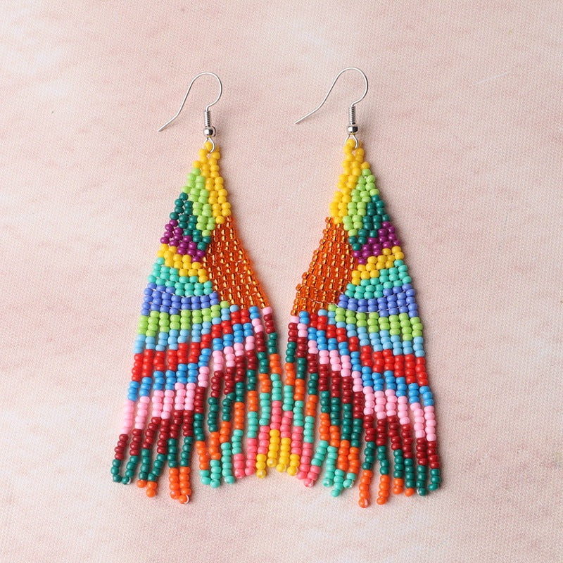 Beaded Landscape Fringe Statement Earrings - Colorful