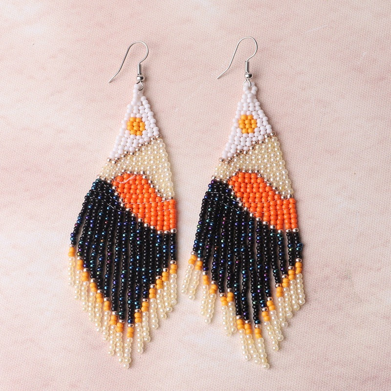 Beaded Landscape Fringe Statement Earrings - Orange