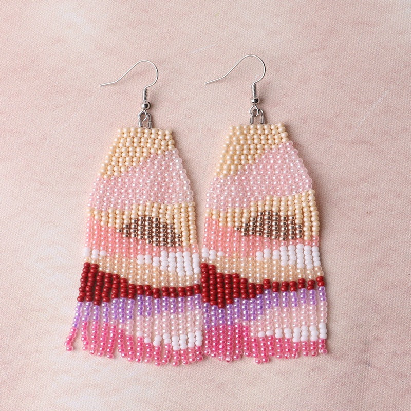 Beaded Landscape Fringe Statement Earrings - Pink