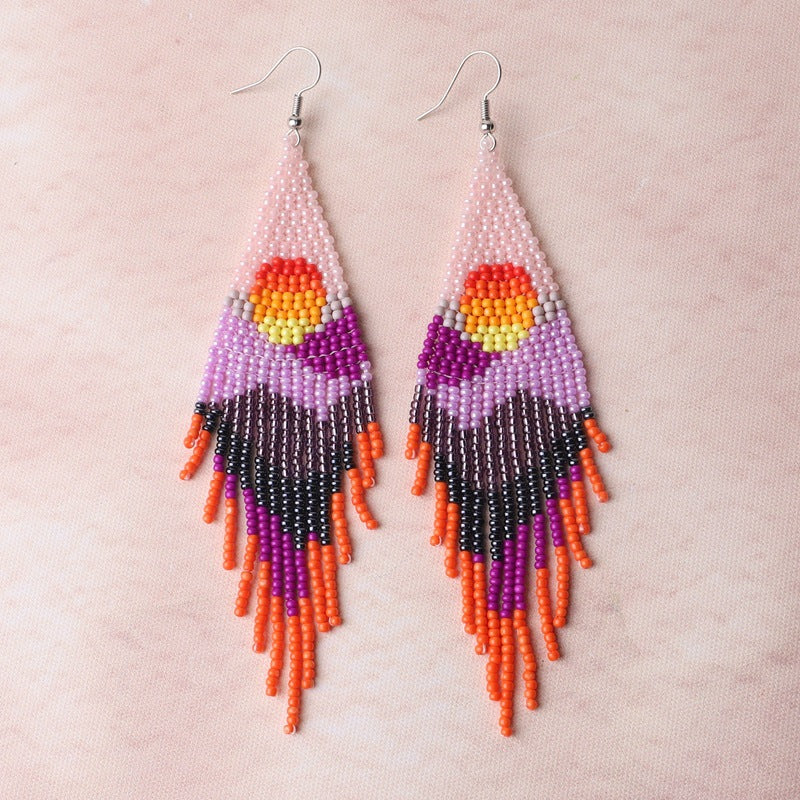 Beaded Landscape Fringe Statement Earrings - Purple